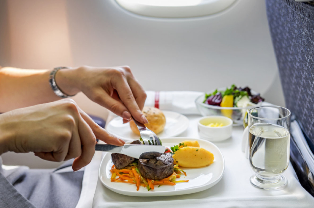 Image Showing a tray with delicious and healthy food eaten by a flight passenger.